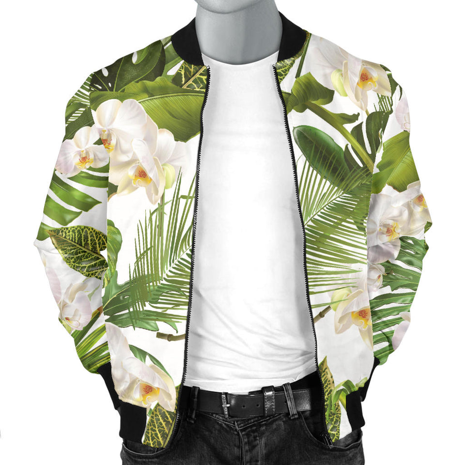 White Orchid Flower Tropical Leaves Pattern Men'S Bomber Jacket