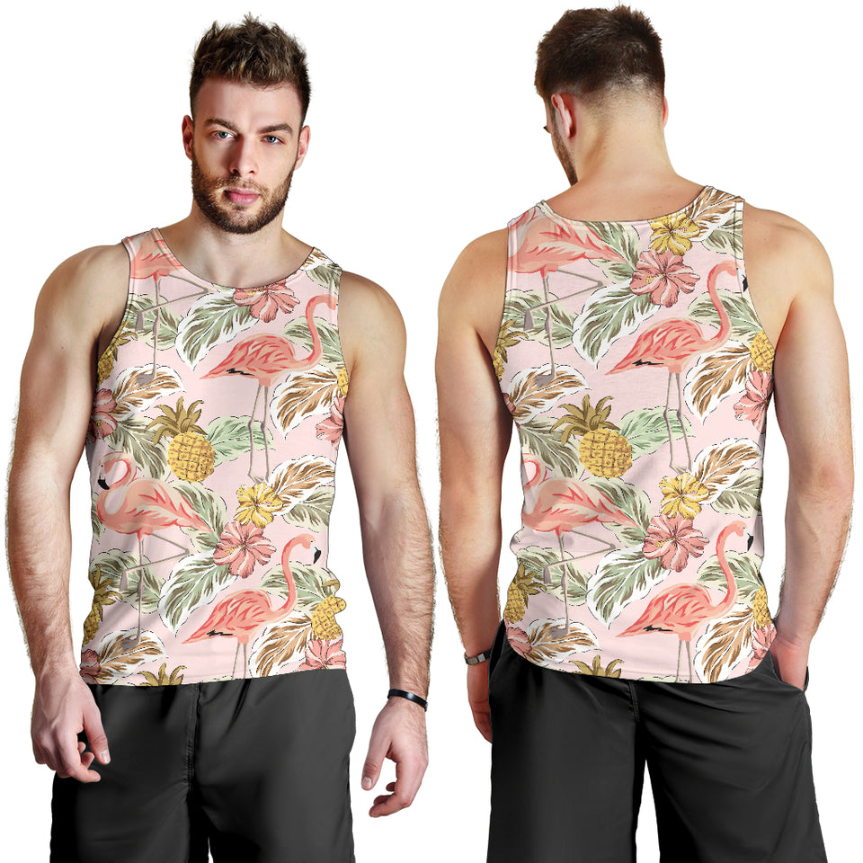 Pink flamingo birds pineapples hibiscus flower pattern Men Tank Top