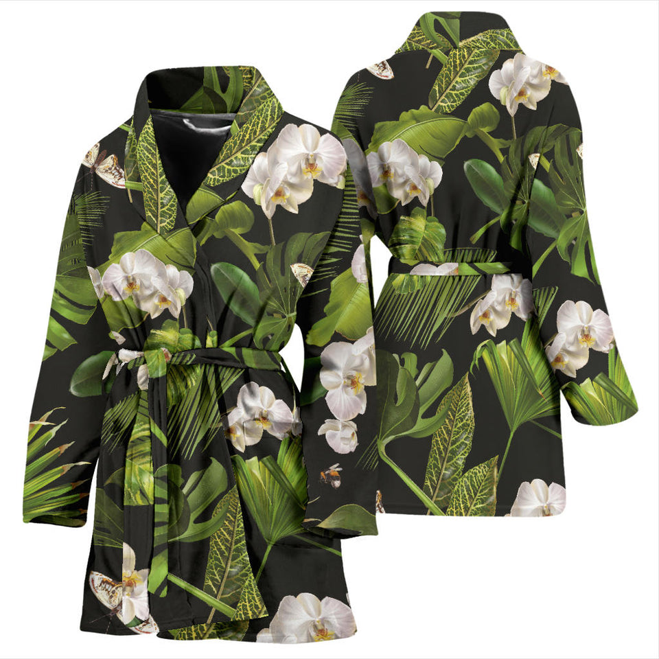 White Orchid Flower Tropical Leaves Pattern Blackground Women'S Bathrobe