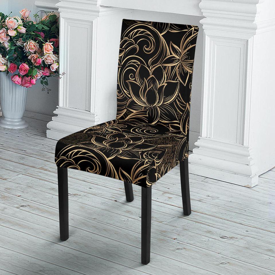 Luxurious Gold Lotus Waterlily Black Background Dining Chair Slipcover