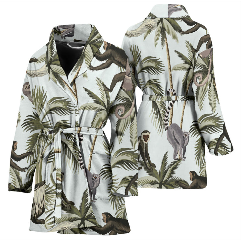 Monkey Sloth Lemur Palm Trees Pattern Women'S Bathrobe