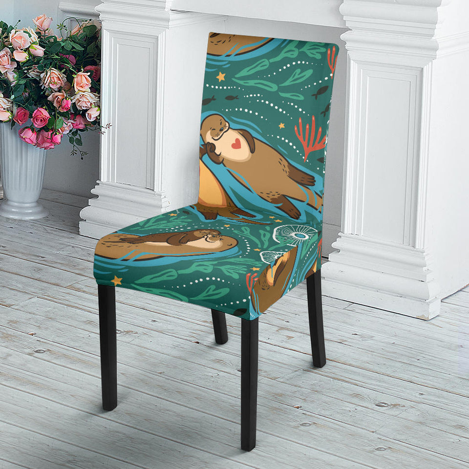 Cute Brown Sea Otters Ornamental Seaweed Corals Green Water Dining Chair Slipcover