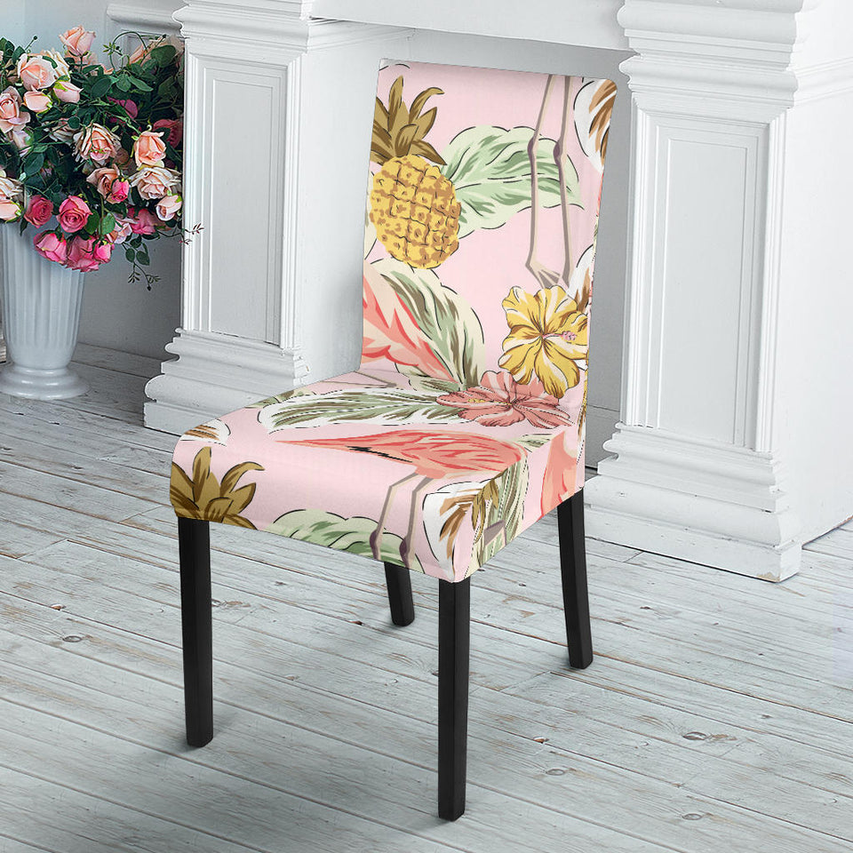 Pink Flamingo Birds Pineapples Hibiscus Flower Pattern Dining Chair Slipcover