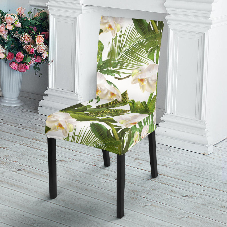 White Orchid Flower Tropical Leaves Pattern Dining Chair Slipcover