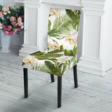White Orchid Flower Tropical Leaves Pattern Dining Chair Slipcover