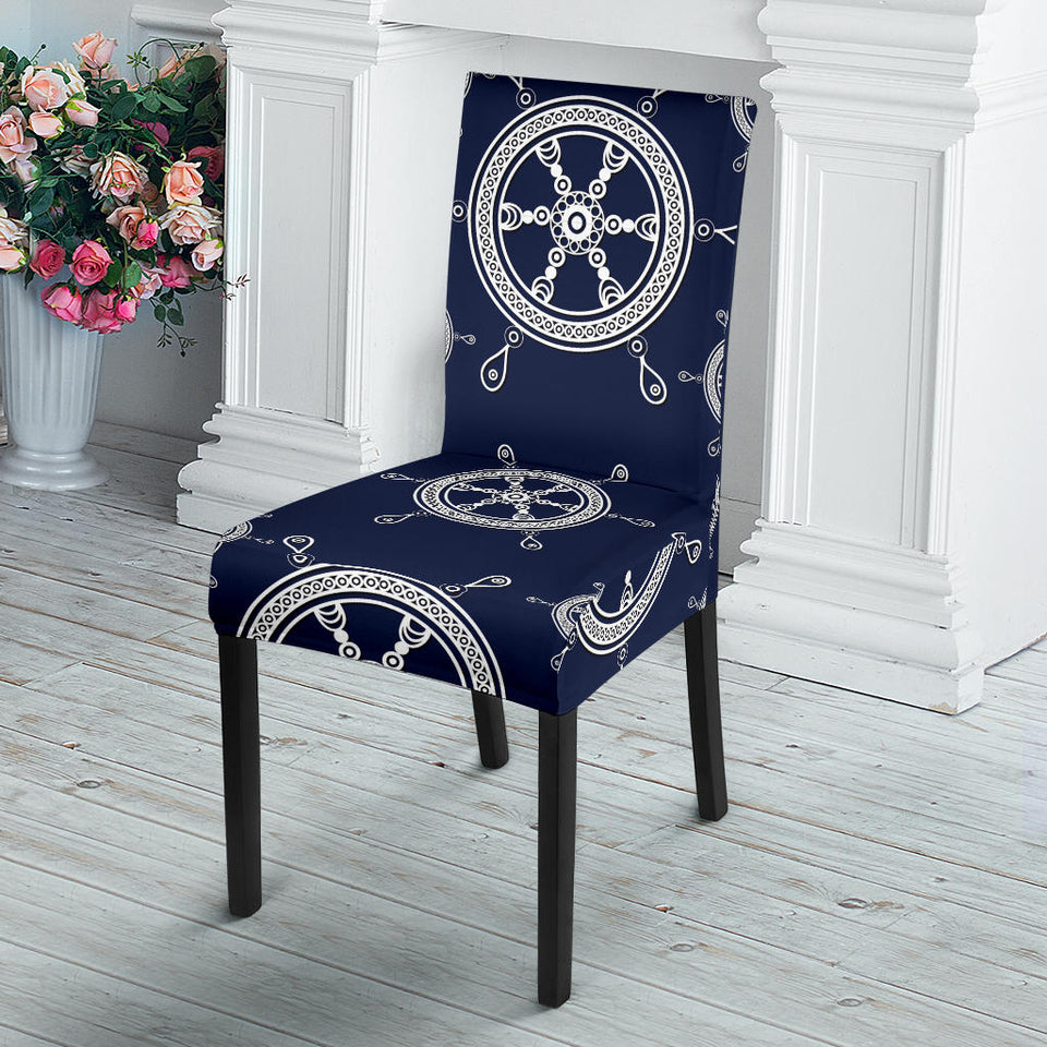 Nautical Steering Wheel Design Pattern Dining Chair Slipcover