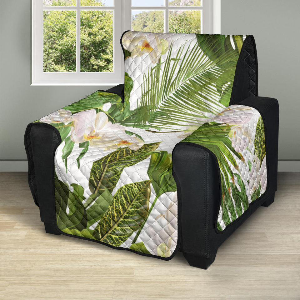 White orchid flower tropical leaves pattern Recliner Cover Protector