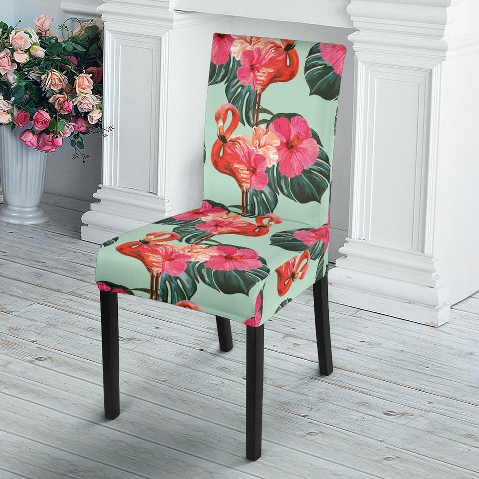 Beautiful Flamingo Tropical Palm Leaves Hibiscus Pateern Background Dining Chair Slipcover