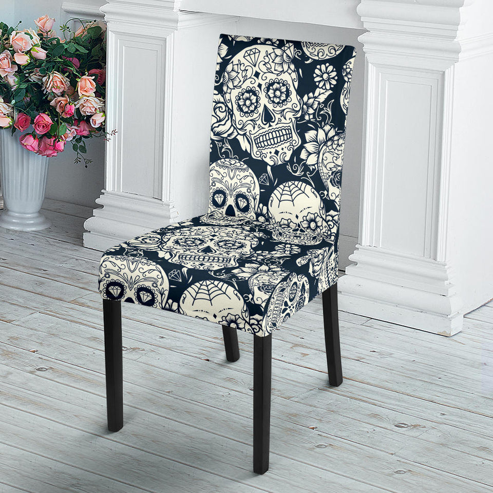 Sugar Skull Black White Pattern Dining Chair Slipcover