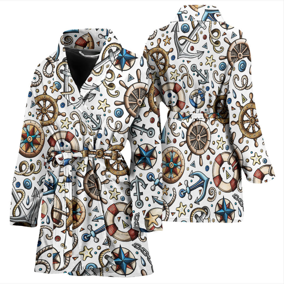 Cute Nautical Steering Wheel Anchor Pattern Women'S Bathrobe
