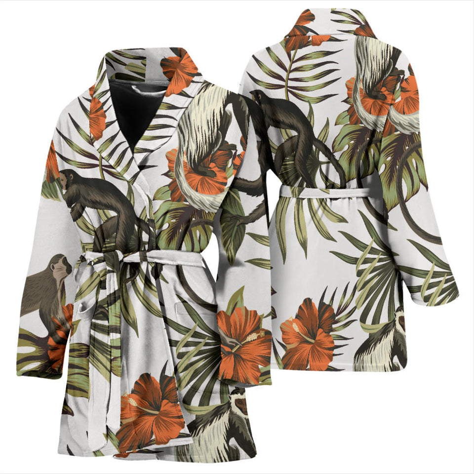 Monkey Red Hibiscus Flower Palm Leaves Floral Pattern Women'S Bathrobe
