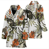 Monkey Red Hibiscus Flower Palm Leaves Floral Pattern Women'S Bathrobe