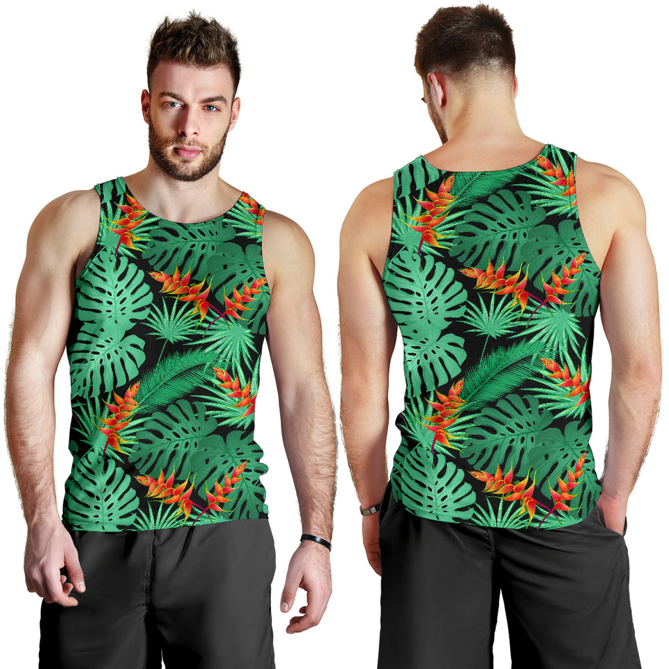 heliconia flower palm monstera leaves black background Men Tank Top