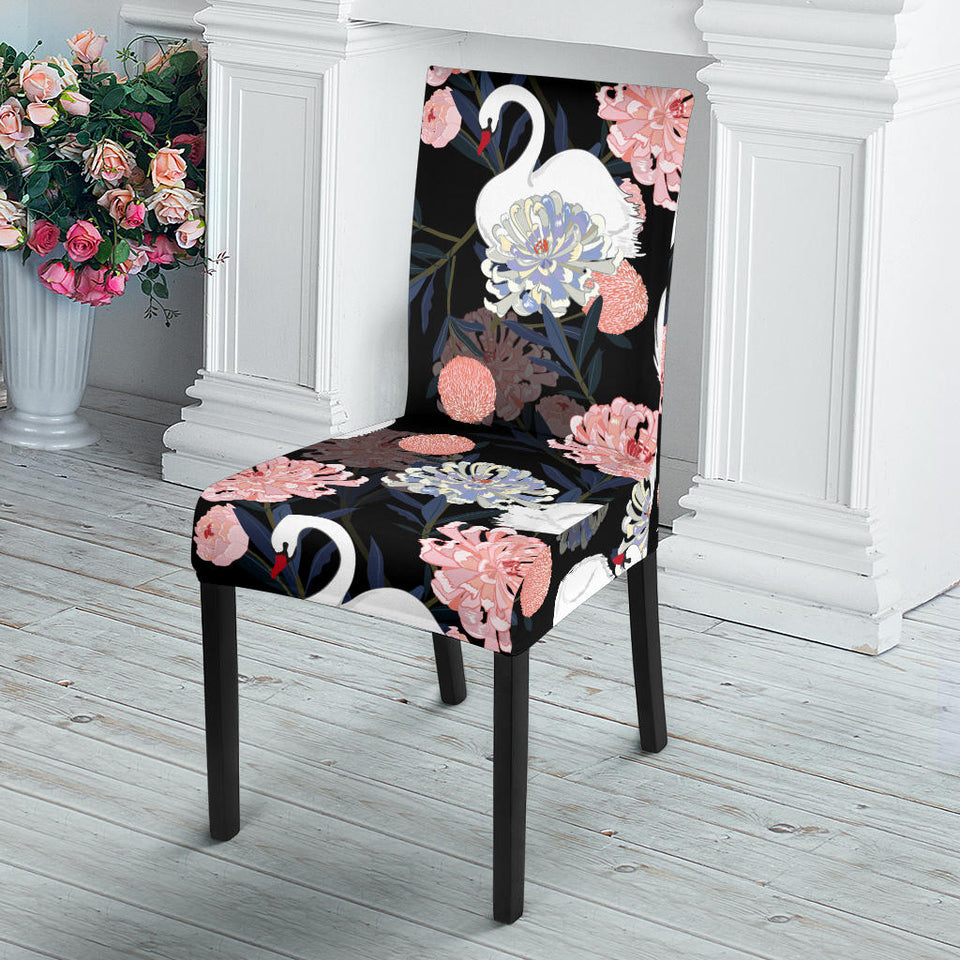 White Swan Blooming Flower Pattern Dining Chair Slipcover