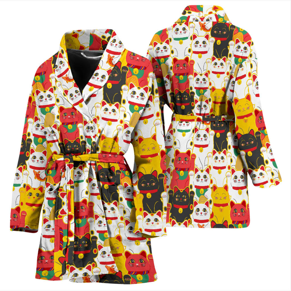 Colorful Maneki Neko Lucky Cat Pattern Women'S Bathrobe