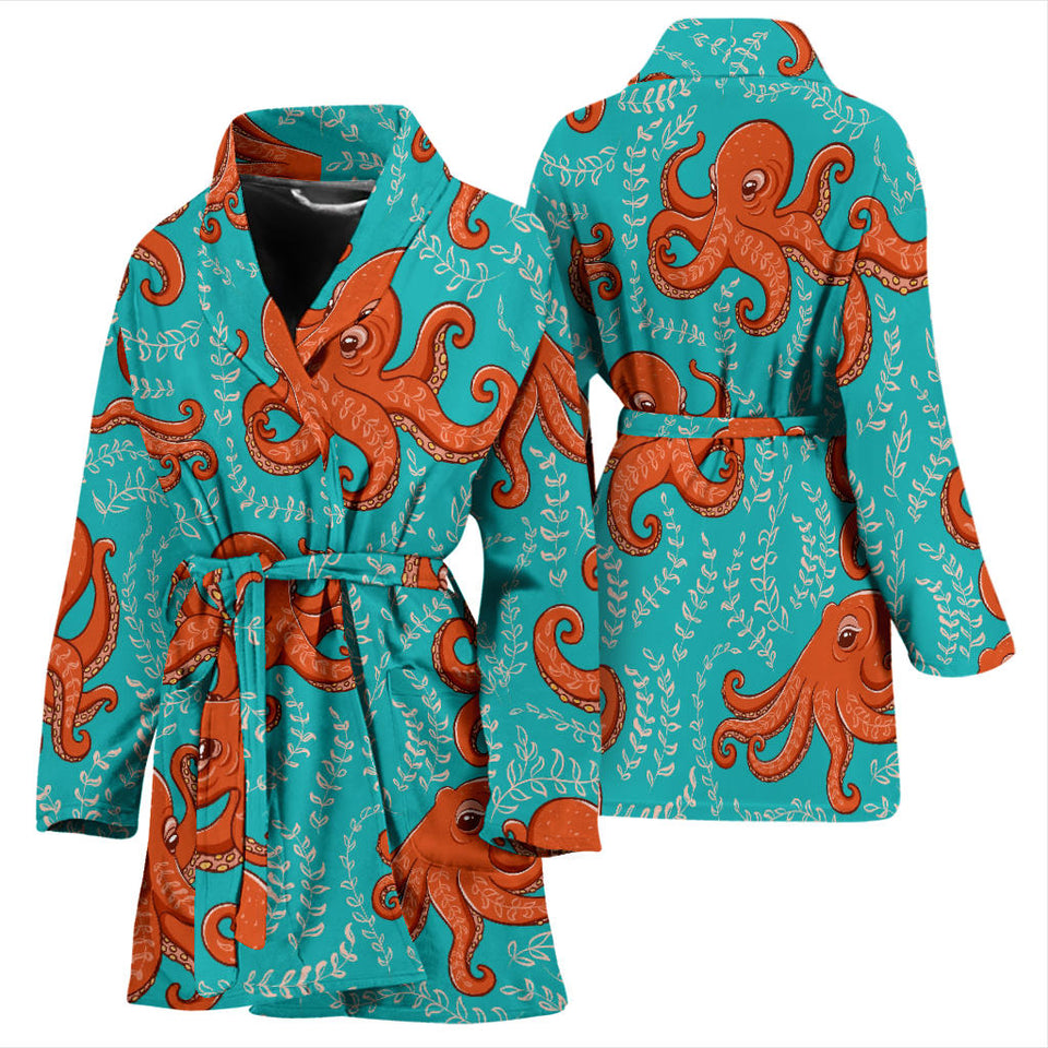 Octopus Turquoise Background Women'S Bathrobe