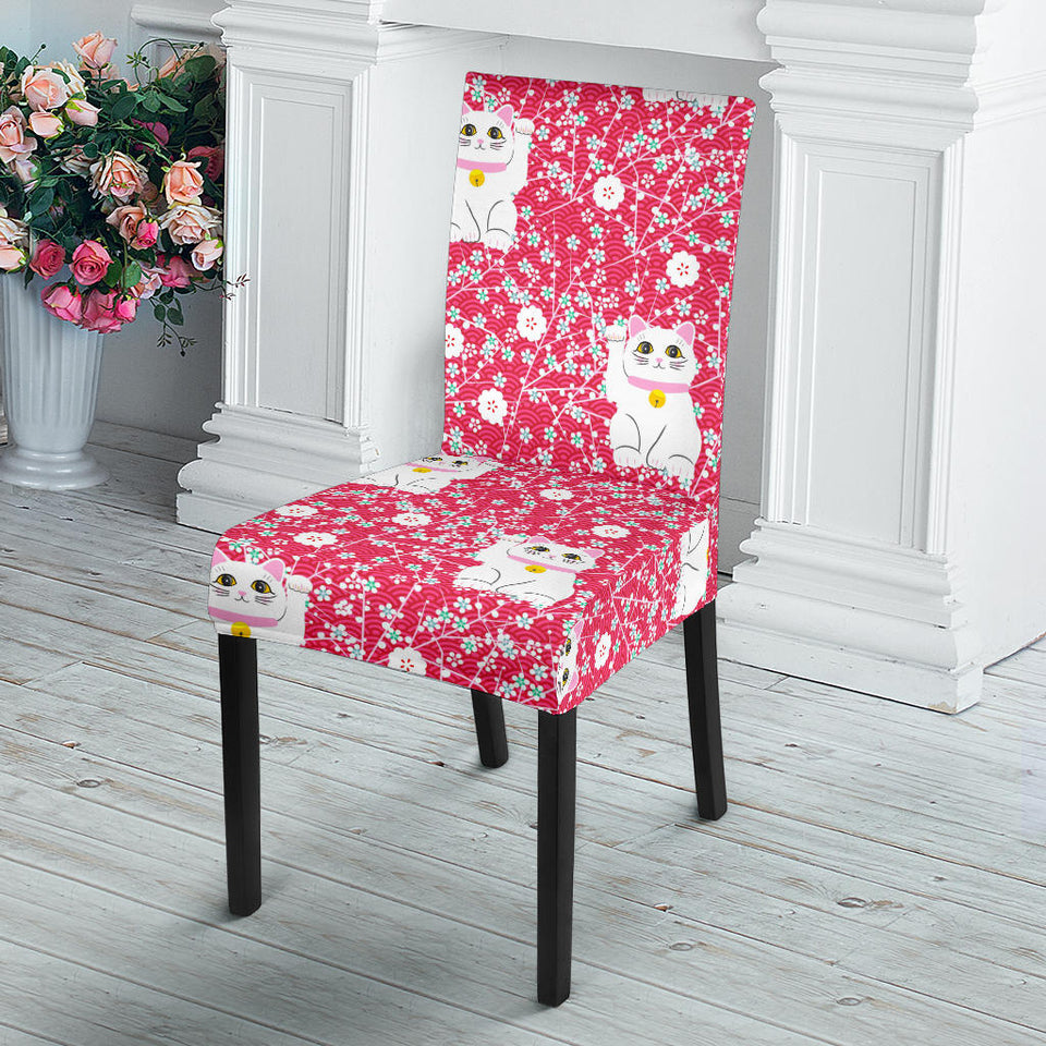 Maneki Neko Lucky Cat Sakura Pink Background Dining Chair Slipcover
