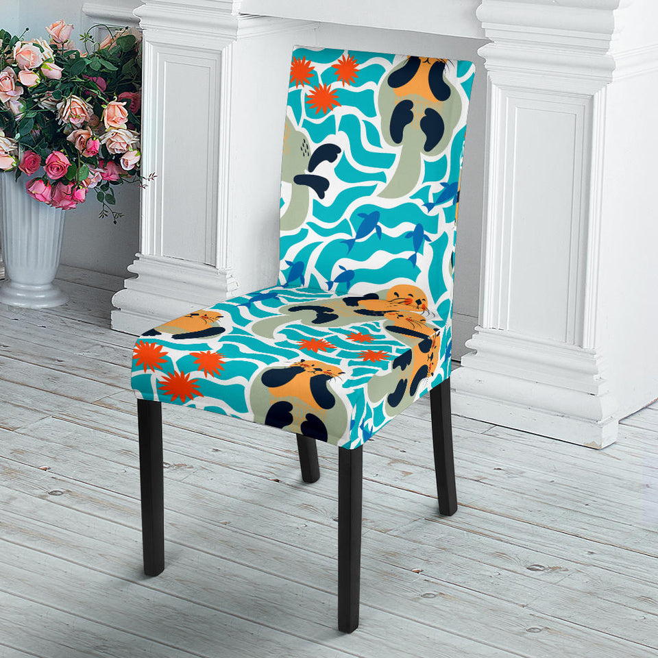 Cute Sea Otters Fishe Sea Urchin Pattern Dining Chair Slipcover