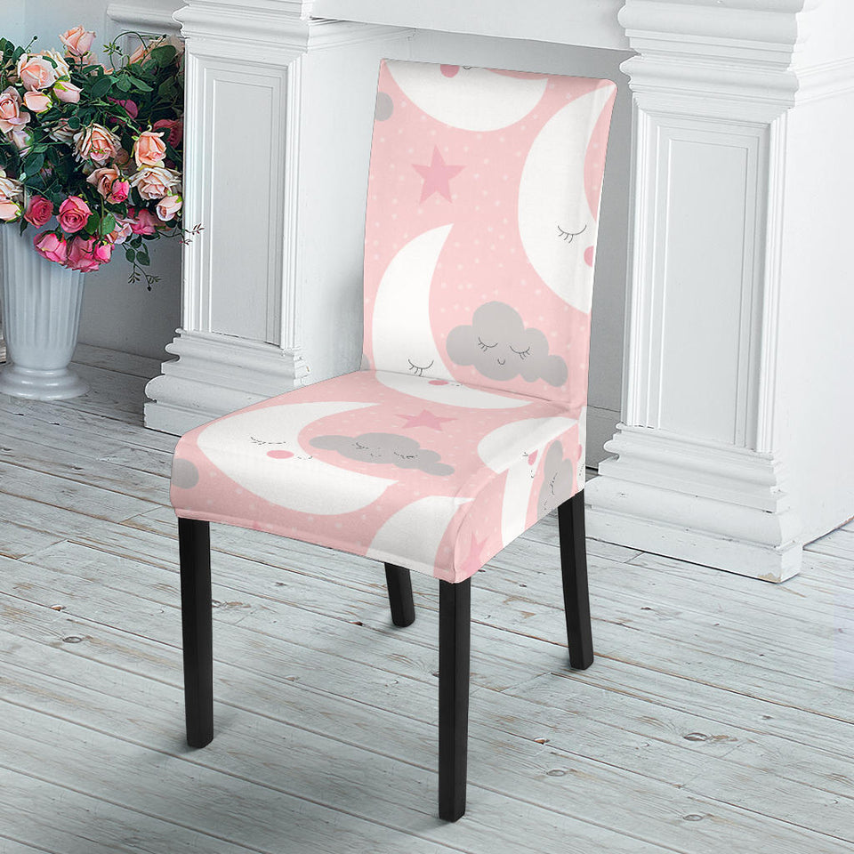Cute Moon Cloud Star Pattern Pink Dot Background Dining Chair Slipcover