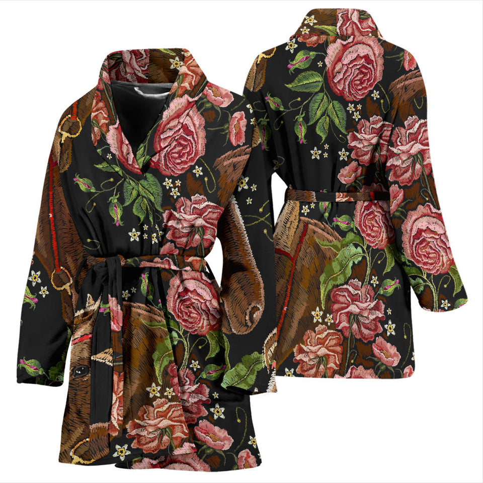 Horse Head Wild Roses Pattern Women'S Bathrobe