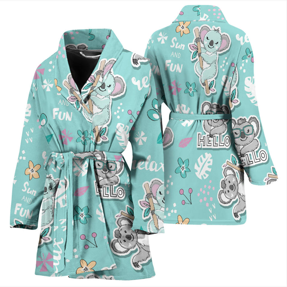 Cute Koalas Blue Background Pattern Women'S Bathrobe