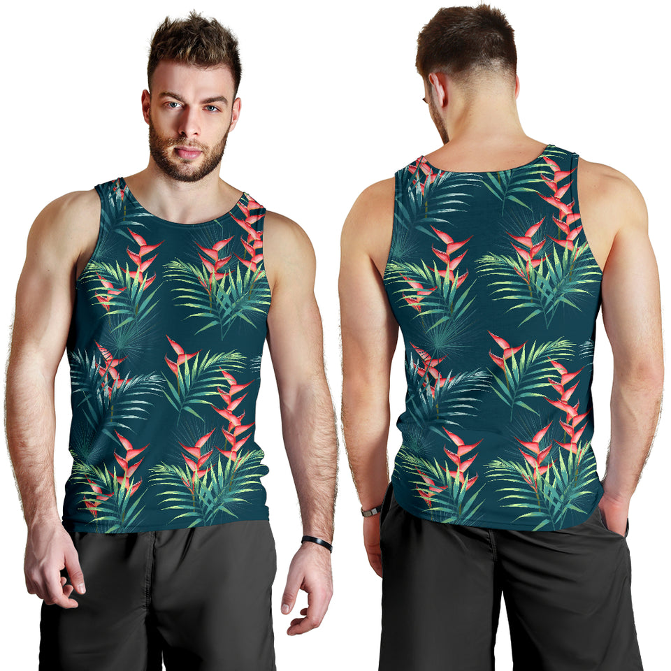 heliconia flowers, palm and monstera leaves on black background pattern Men Tank Top