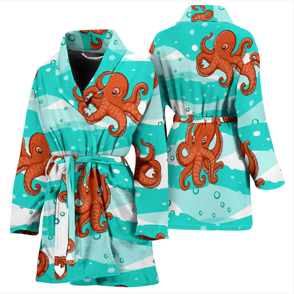 Octopuses Sea Wave Background Women'S Bathrobe