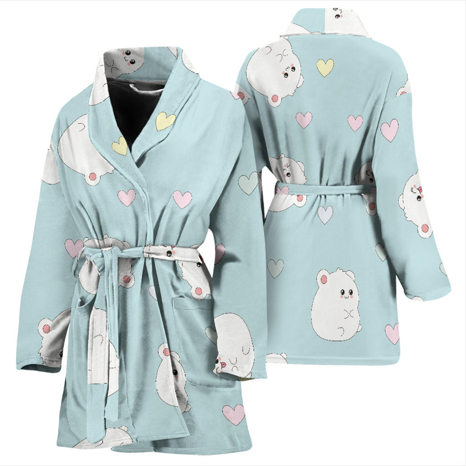 White Cute Hamsters Heart Pattern Women'S Bathrobe