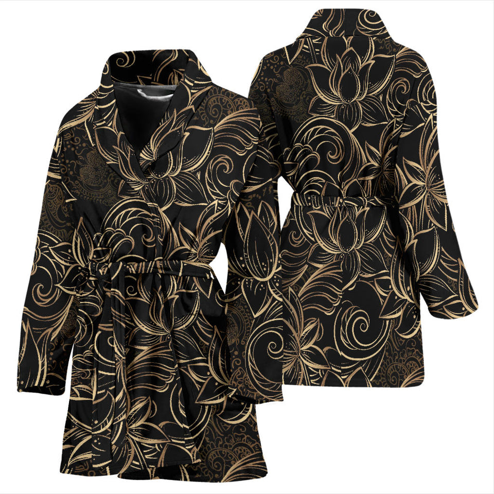 Luxurious Gold Lotus Waterlily Black Background Women'S Bathrobe