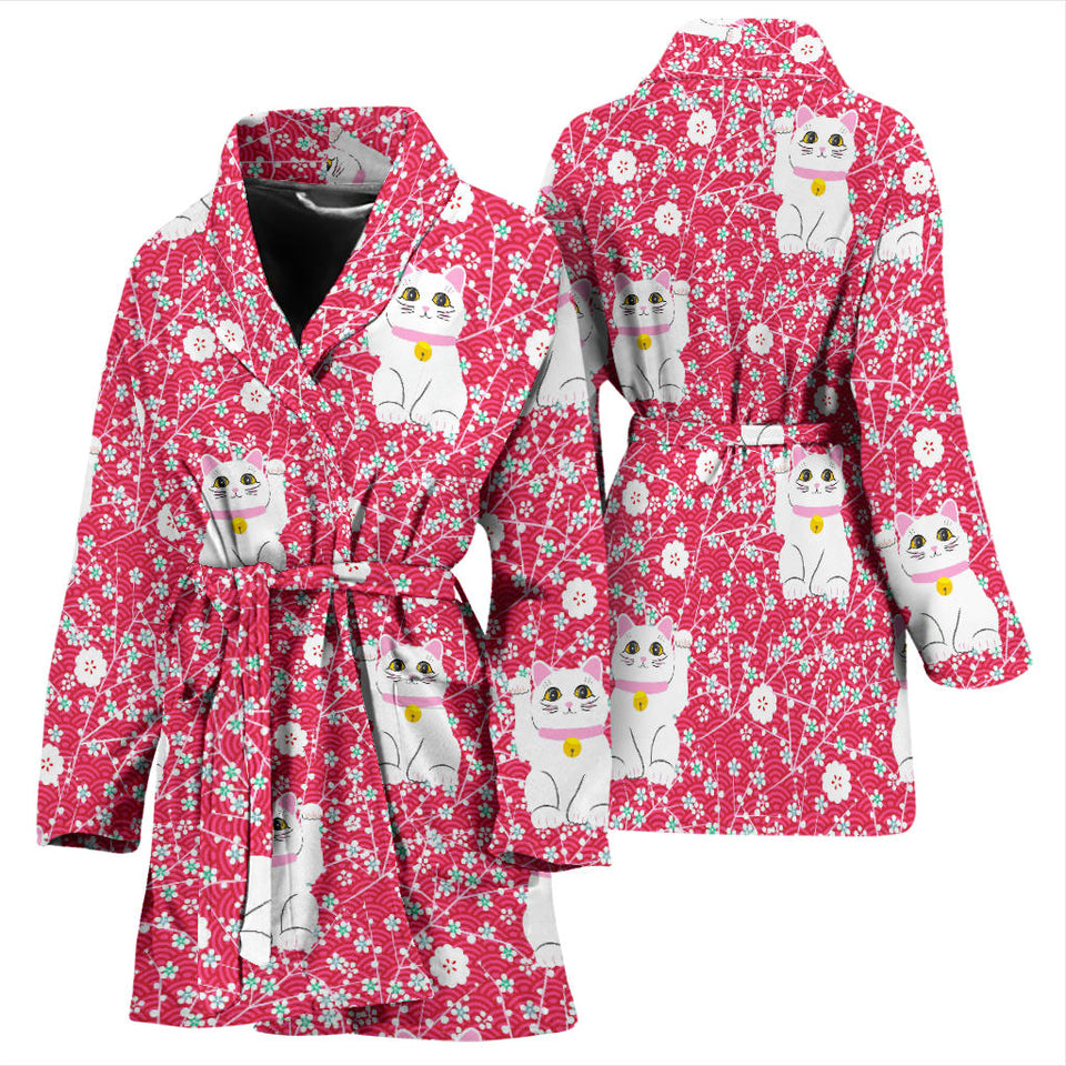 Maneki Neko Lucky Cat Sakura Pink Background Women'S Bathrobe