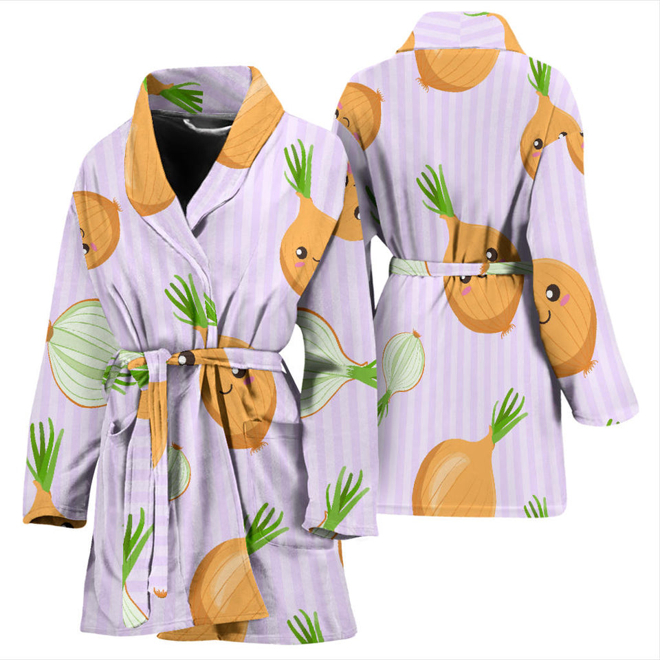 Cute Onions Smiling Faces Purple Background Women'S Bathrobe