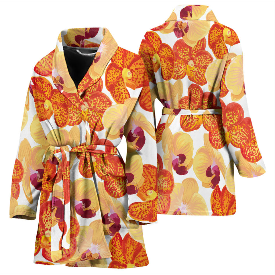Orange Yellow Orchid Flower Pattern Background Women'S Bathrobe
