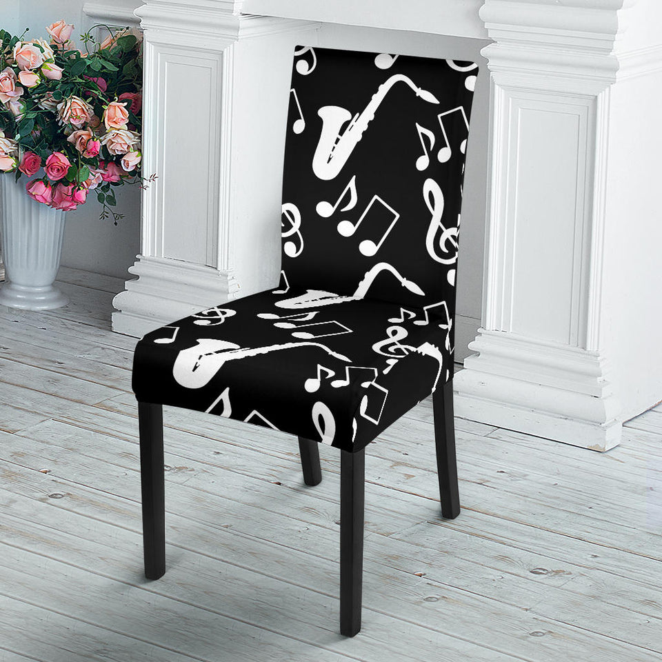 Saxophone Music Notes Treble Clef Black White Theme Dining Chair Slipcover
