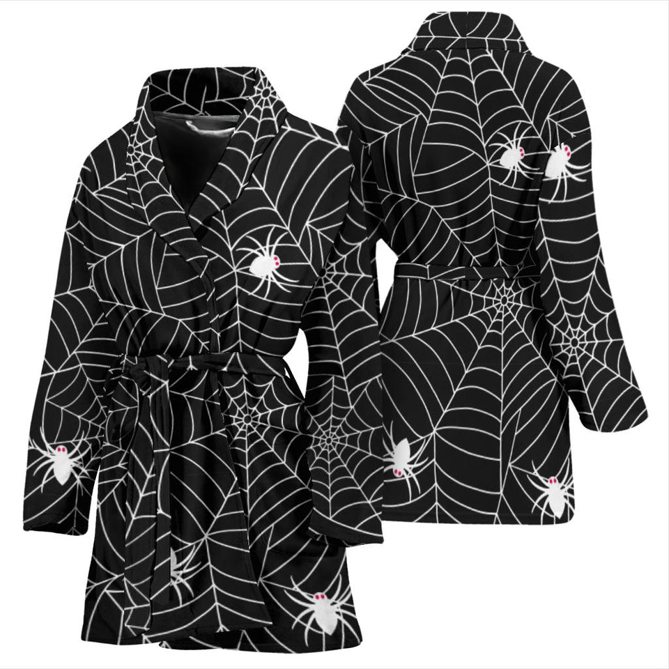 Spider Web Design Pattern Black Background White Cobweb Women'S Bathrobe