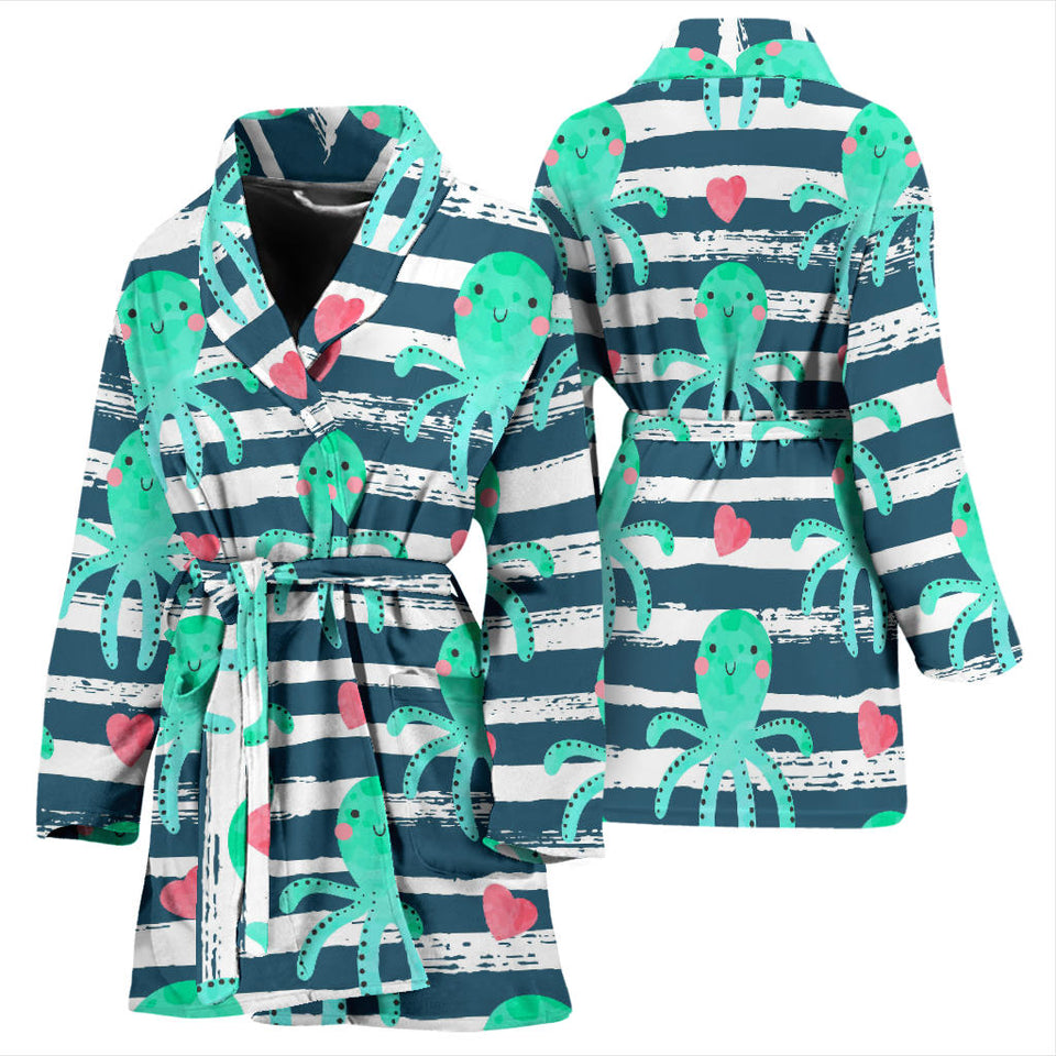 Cute Octopuses Heart Striped Background Women'S Bathrobe