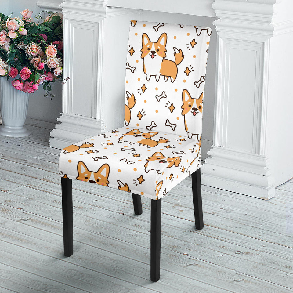 Cute Corgi Heart Star Bone Pattern Dining Chair Slipcover