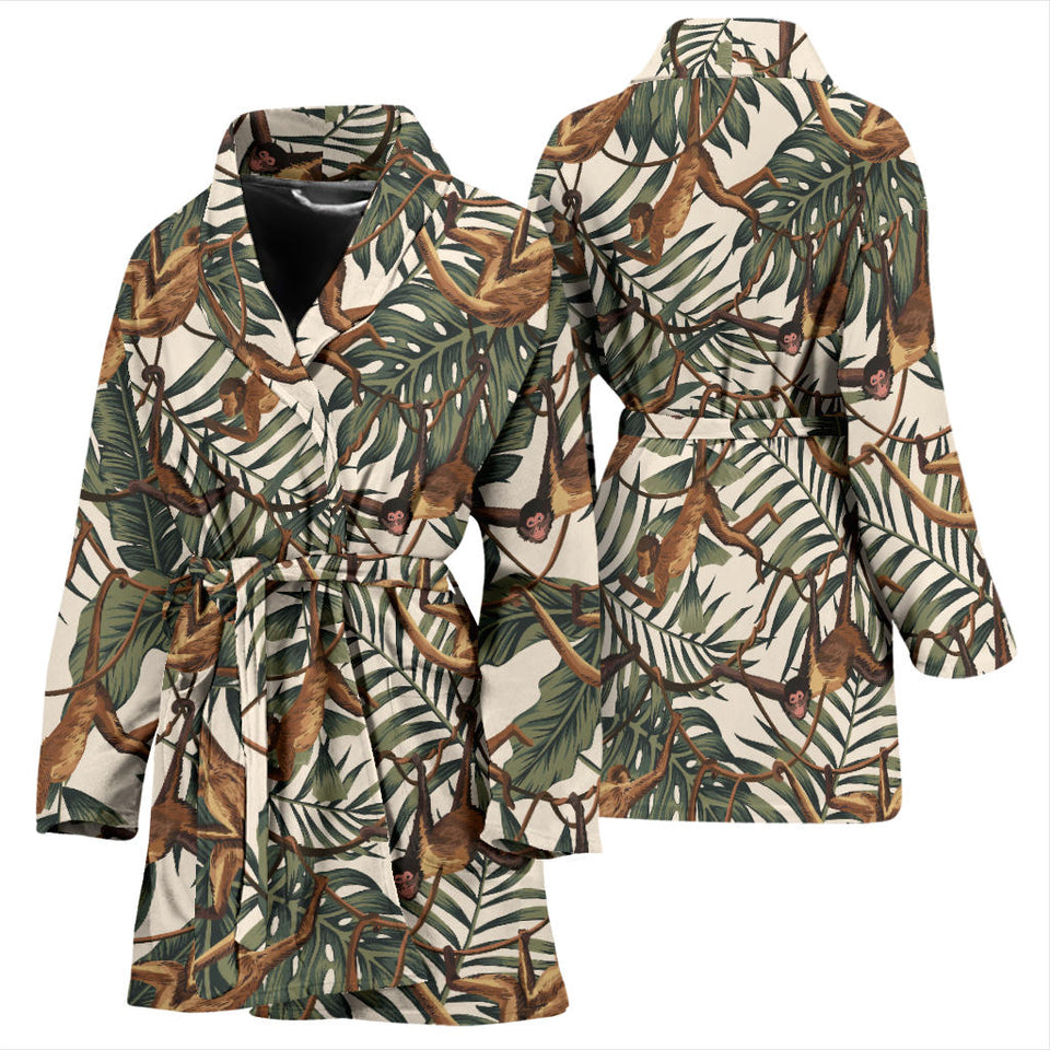 Monkey Tropical Leaves Background Women'S Bathrobe