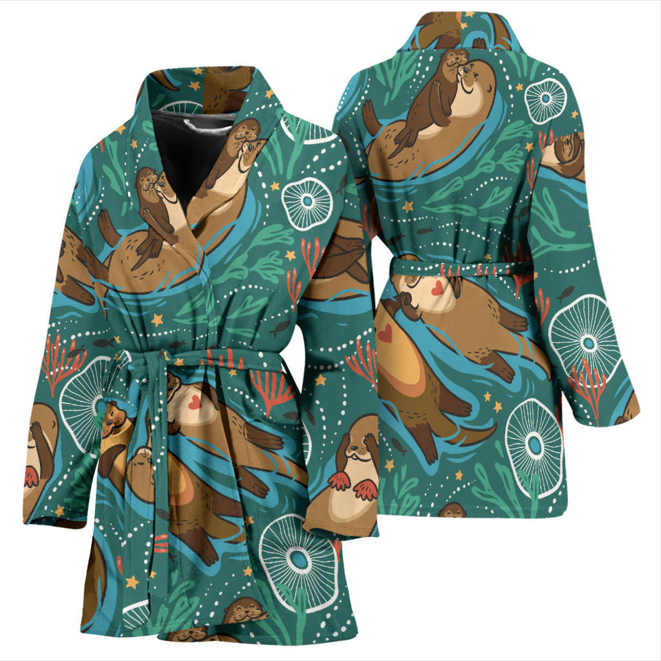 Cute Brown Sea Otters Ornamental Seaweed Corals Green Water Women'S Bathrobe