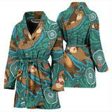 Cute Brown Sea Otters Ornamental Seaweed Corals Green Water Women'S Bathrobe