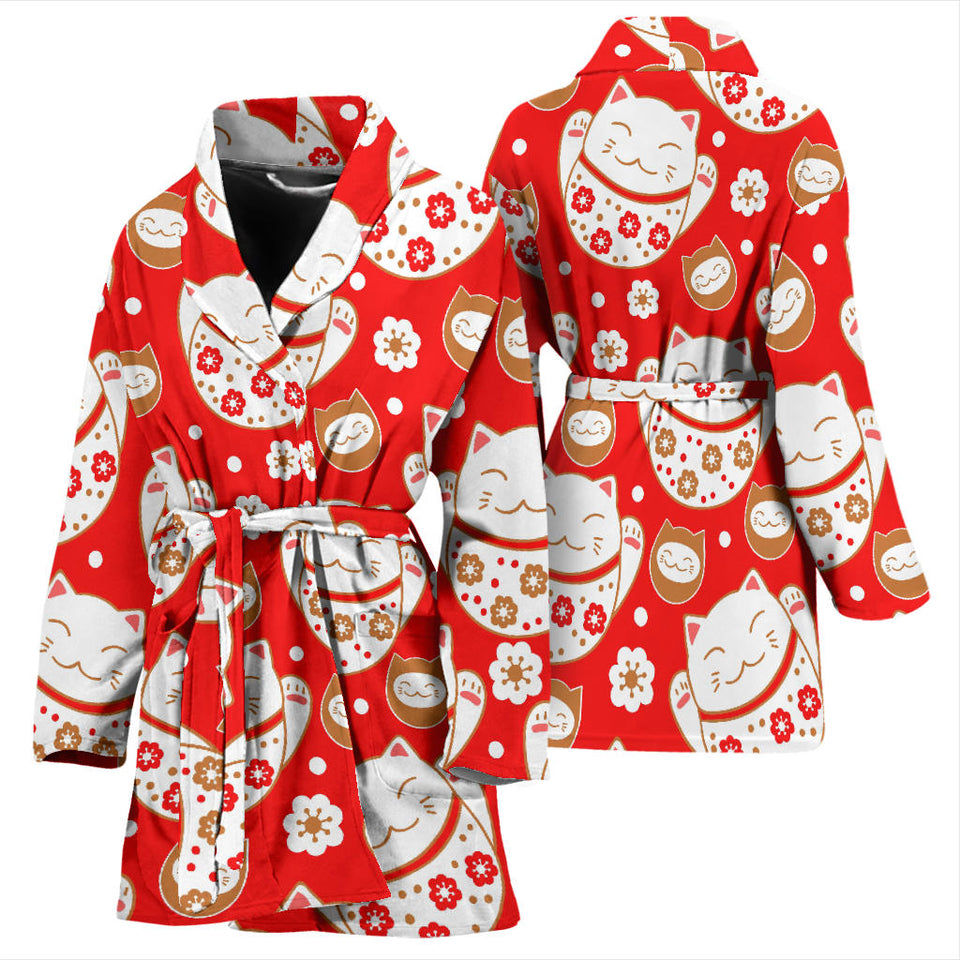 Cute Maneki Neko Lucky Cat Red Background Women'S Bathrobe