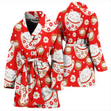 Cute Maneki Neko Lucky Cat Red Background Women'S Bathrobe