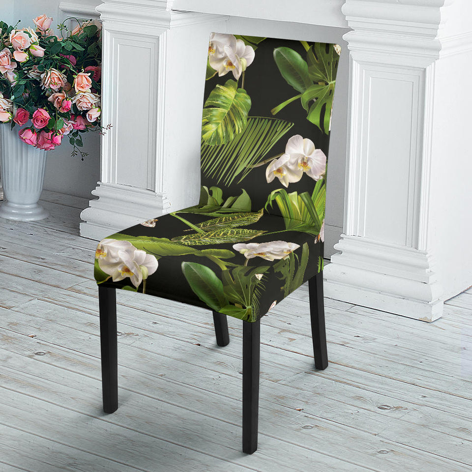 White Orchid Flower Tropical Leaves Pattern Blackground Dining Chair Slipcover