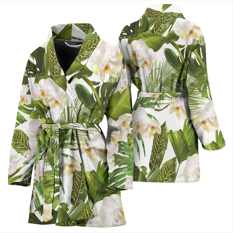 White Orchid Flower Tropical Leaves Pattern Women'S Bathrobe