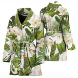 White Orchid Flower Tropical Leaves Pattern Women'S Bathrobe
