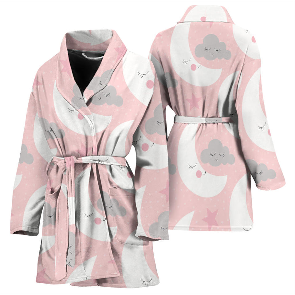 Cute Moon Cloud Star Pattern Pink Dot Background Women'S Bathrobe