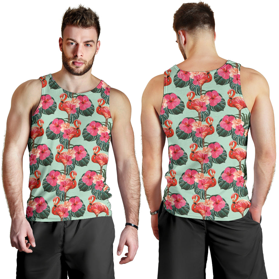 Beautiful flamingo tropical palm leaves hibiscus pateern background Men Tank Top