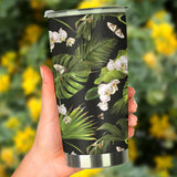 White Orchid Flower Tropical Leaves Pattern Blackground Tumbler