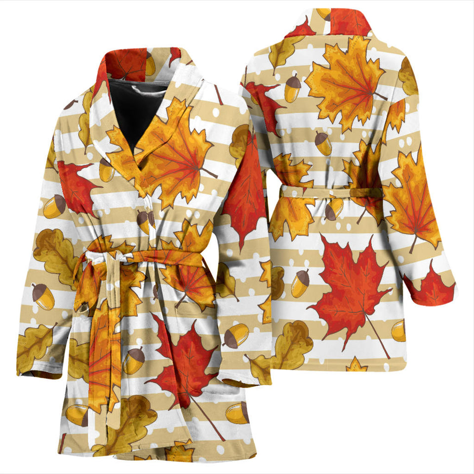 Maple Leaf Oak Leaf Acorns Beige Striped Background Women'S Bathrobe