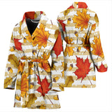 Maple Leaf Oak Leaf Acorns Beige Striped Background Women'S Bathrobe