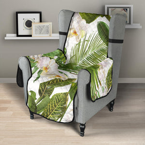 White orchid flower tropical leaves pattern Chair Cover Protector